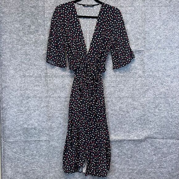 ZARA Dress Size XS Polka Dot Tie Wrap Midi Chic Black Red White V-Neck Ruffle - Picture 2 of 14
